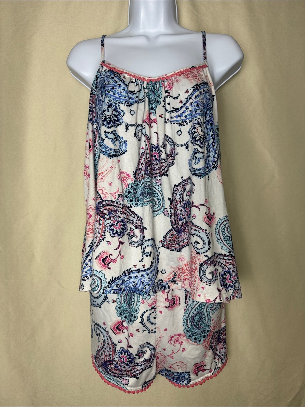 Secret Treasures White Paisley Cami & Shorts Pajama Set with Blue & Pink Accents
